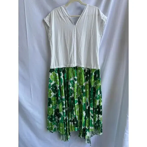 PLAN C x RTR Green Abstract Satin Pleated Cotton Blend Maxi Dress Size S